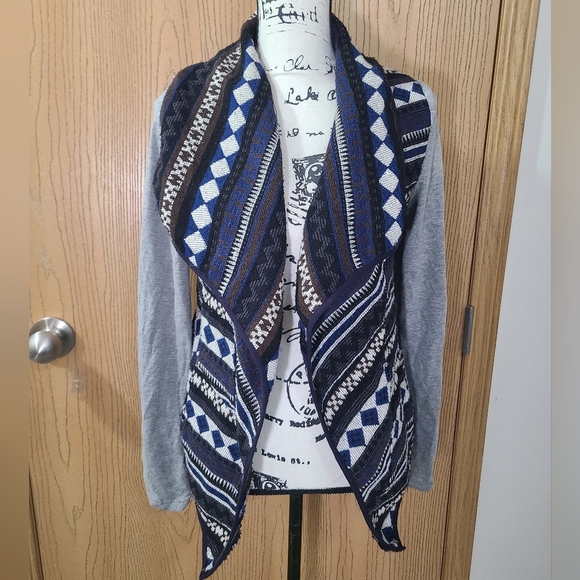 Blu Pepper Aztec Tribal Southwestern Geometric Print Woven Cardigan Jacket - Picture 1 of 5